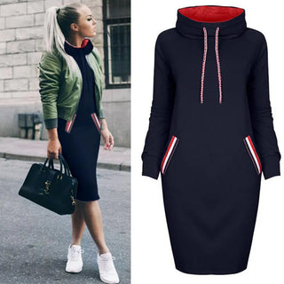 O Neck Long Sleeve Drawstring Pocket Dresses - BelleLux