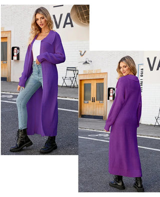 Purple Lapel Loose Maxi Soft Coat Long Knitted Cardigan - BelleLux